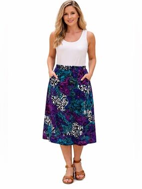 Vintage Floral Midi Skirt Purple Blue Abstract Print Elastic Waist Pockets Boho